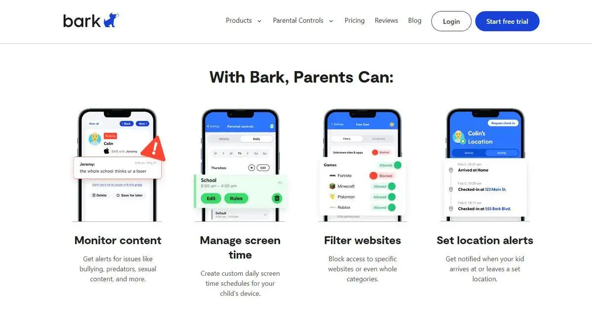 Bark parent dashboard showing iPhone alerts and screen time controls