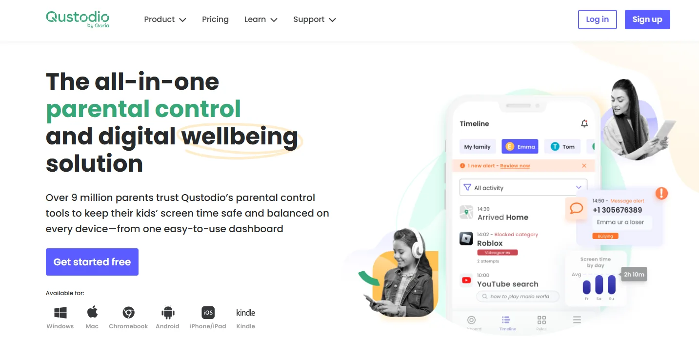Qustodio dashboard showing iPhone activity reports and parental control rules