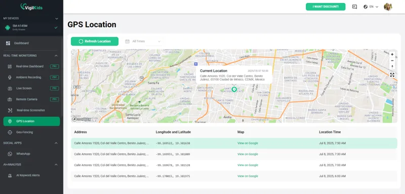 Tableau de bord GPS VigilKids affichant la position d'un Samsung