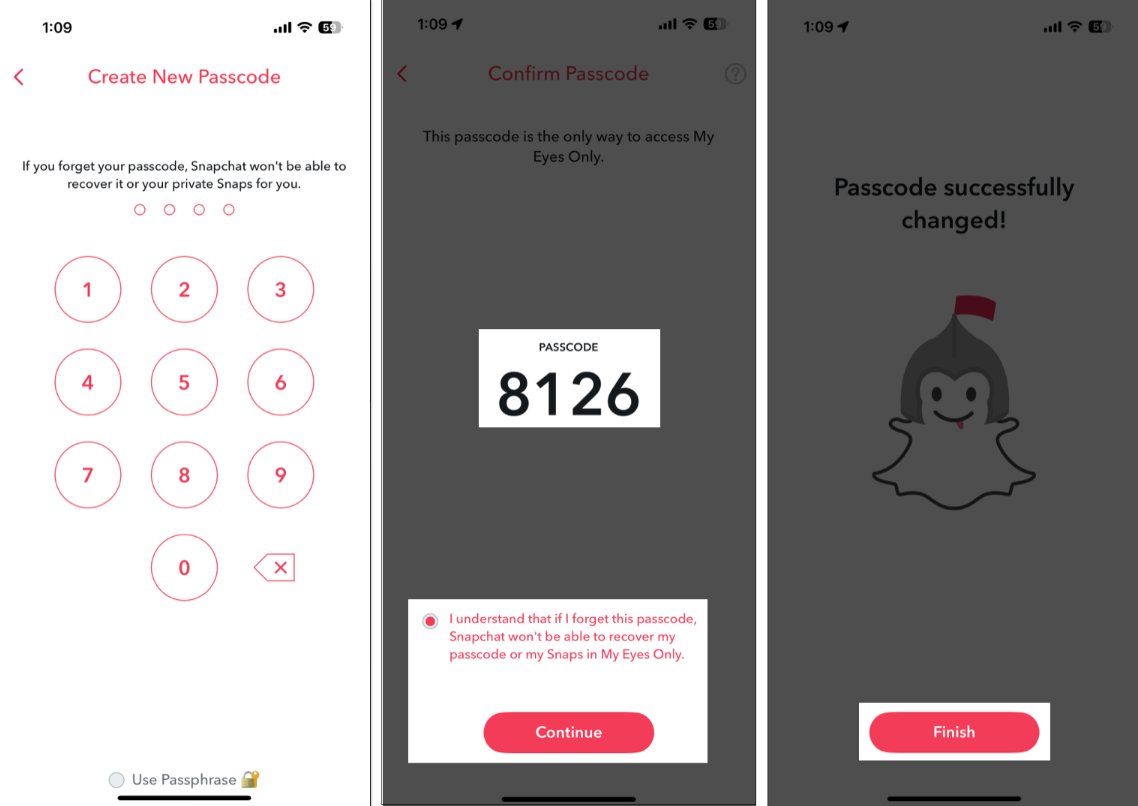 Snapchat My Eyes Only passcode reset screen