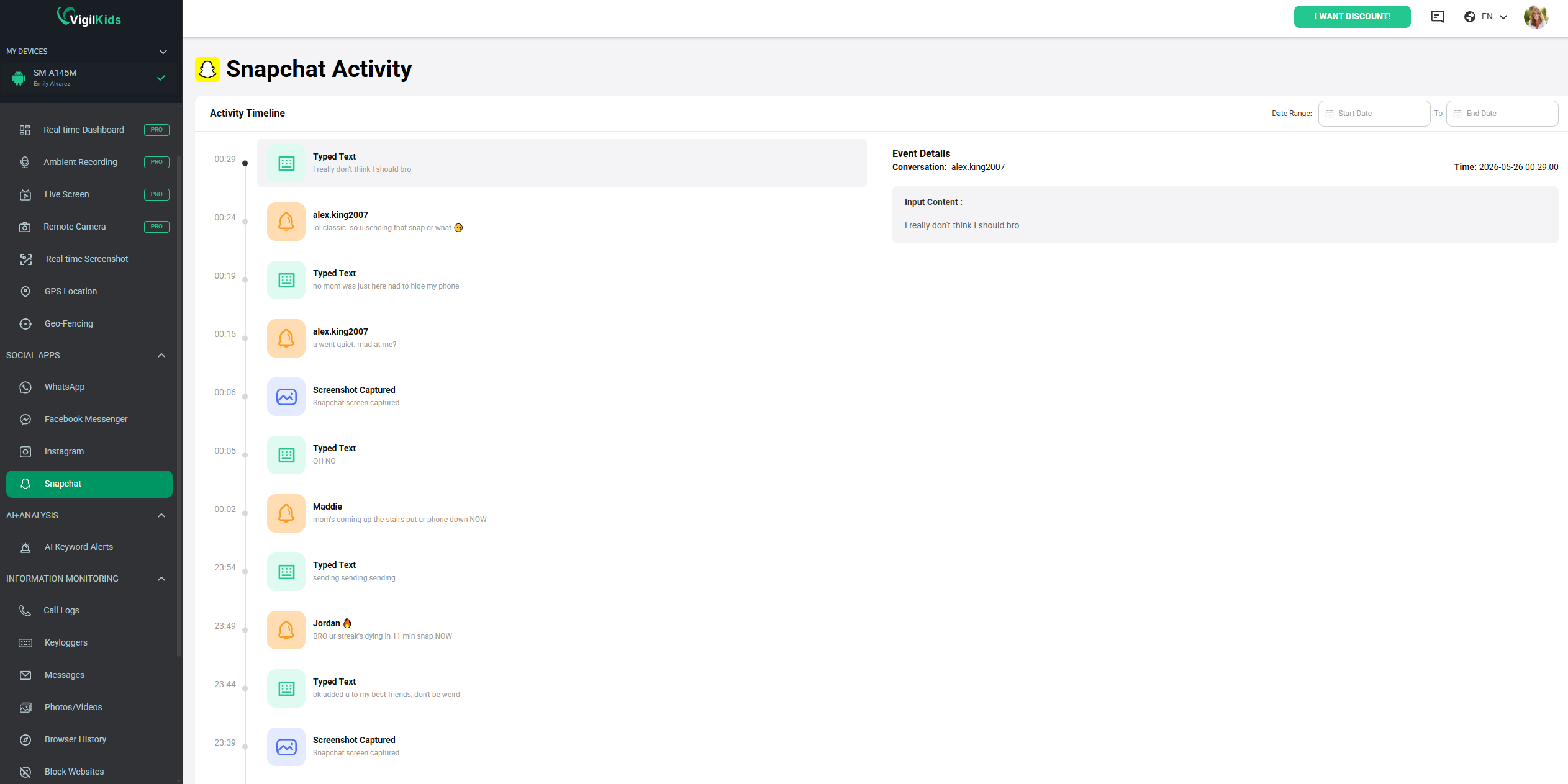 VigilKids monitoring Snapchat activity on parent dashboard