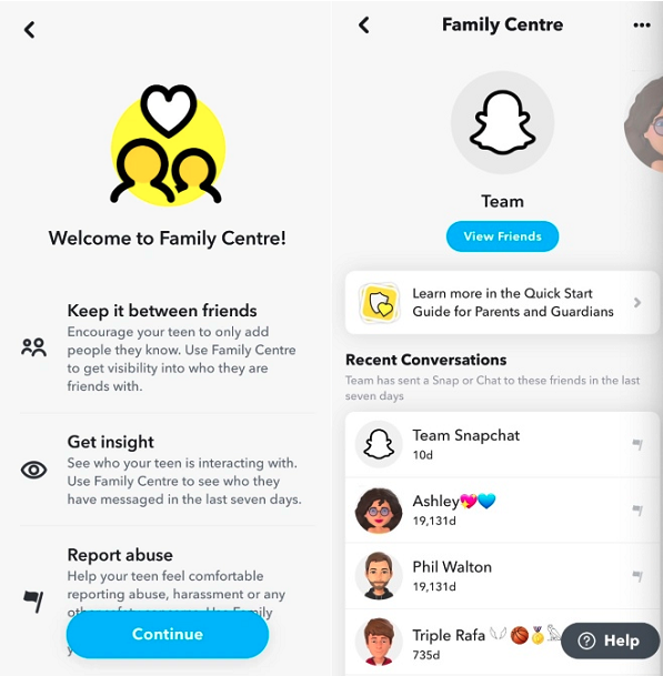 Snapchat Family Center dashboard view on parent device