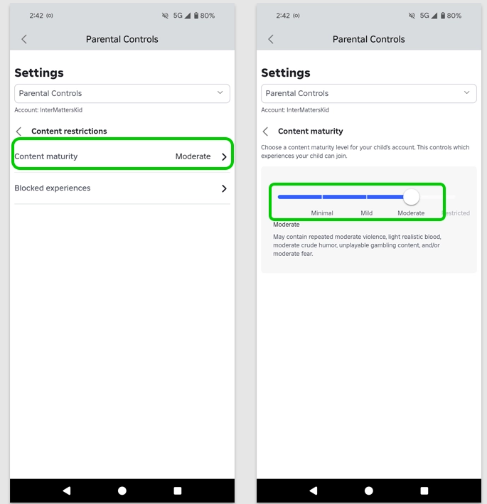 Roblox parental controls content maturity settings