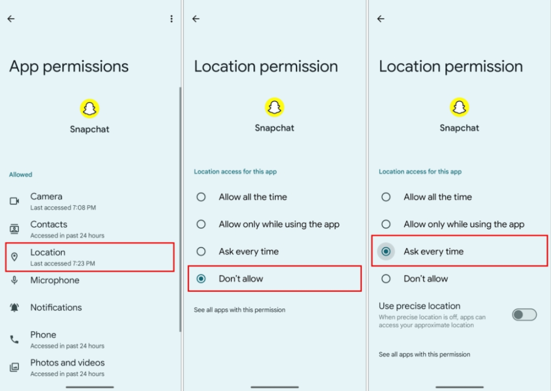 Revoke Location Permission snapchat Android