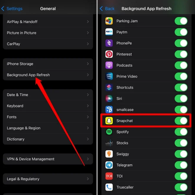 Turn off Snapchat background app refresh iPhone