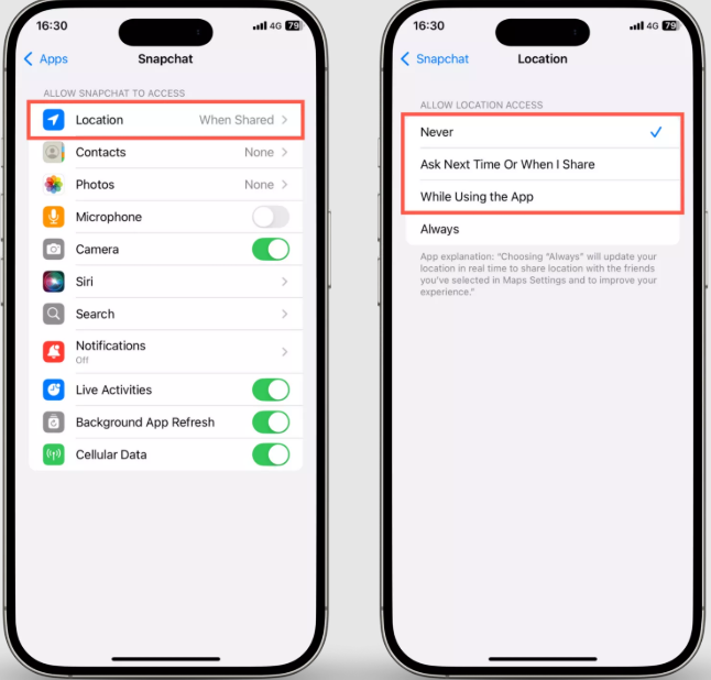 Remove Location Permission snapchat on iPhone