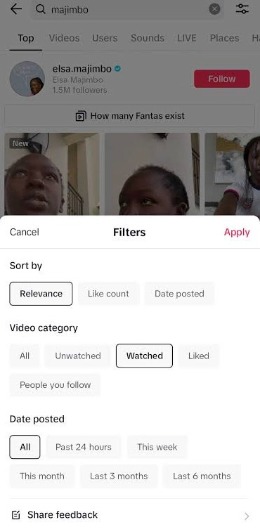 Using TikTok search filters to find previously watched videos