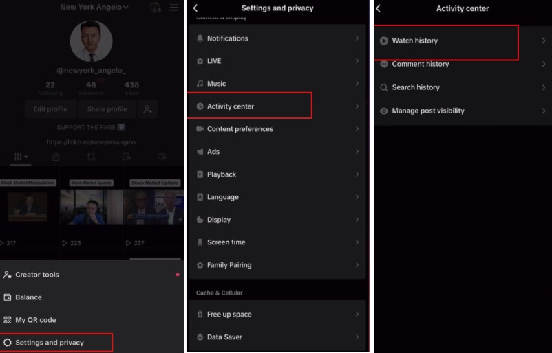 Steps to open TikTok Watch history from Activity center
