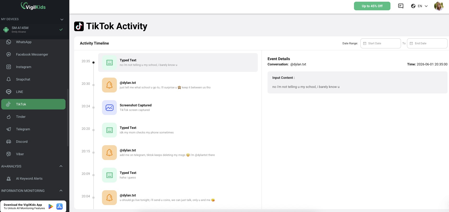 Using VigilKids for authorized TikTok screen-time and app activity context