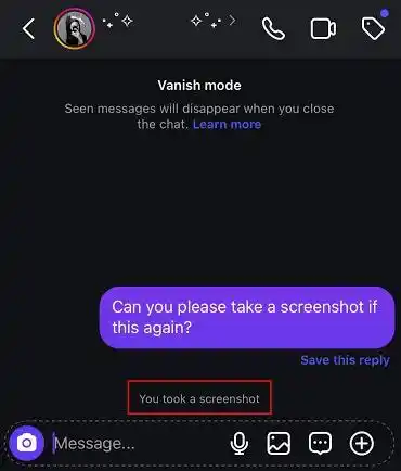 Instagram screenshot alert for a disappearing photo in Direct