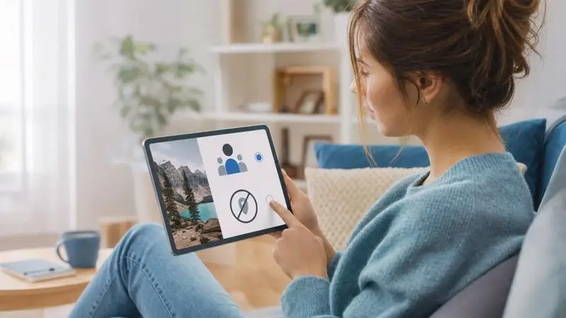 Woman adjusting privacy and location-sharing controls before posting