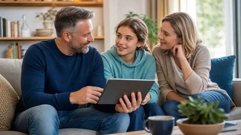 Parents and teenage child discussing online safety rules together