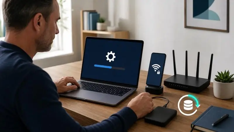 User updating a laptop with secure Wi-Fi and backup storage
