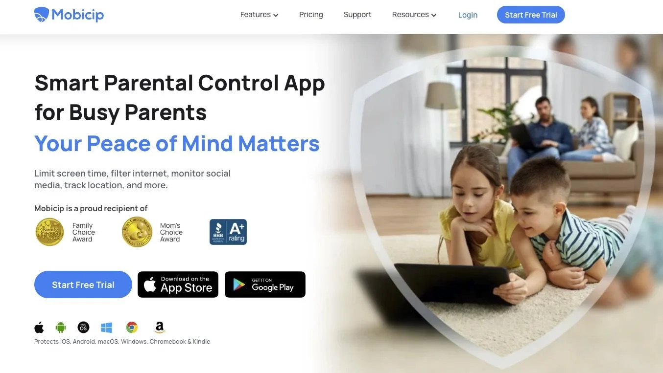 Mobicip iPhone dashboard for web filtering, screen time, and location rules