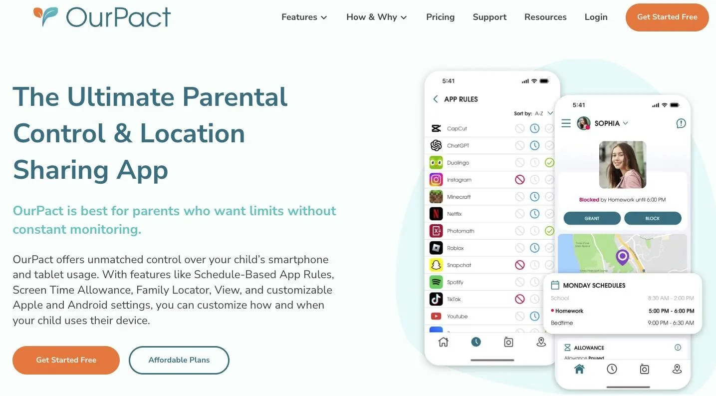 OurPact interface for scheduling iPhone apps and reviewing screen check-ins