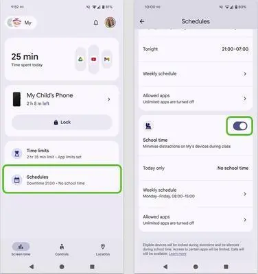 Family Link School Time setup