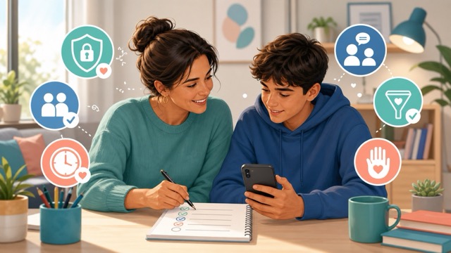Parent and teen creating Character.AI safety rules together
