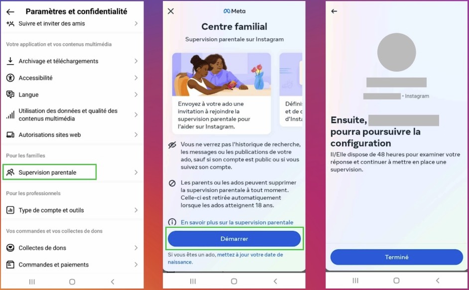 Étapes pour ouvrir Family Center et vérifier les réglages d'un compte adolescent Instagram