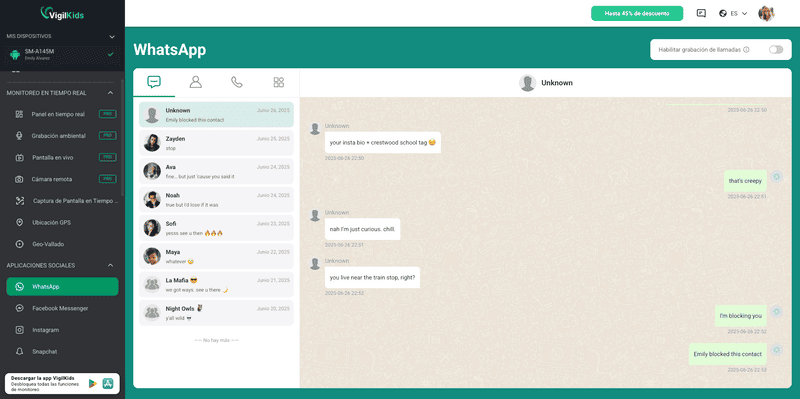 panel de VigilKids para rastrear WhatsApp