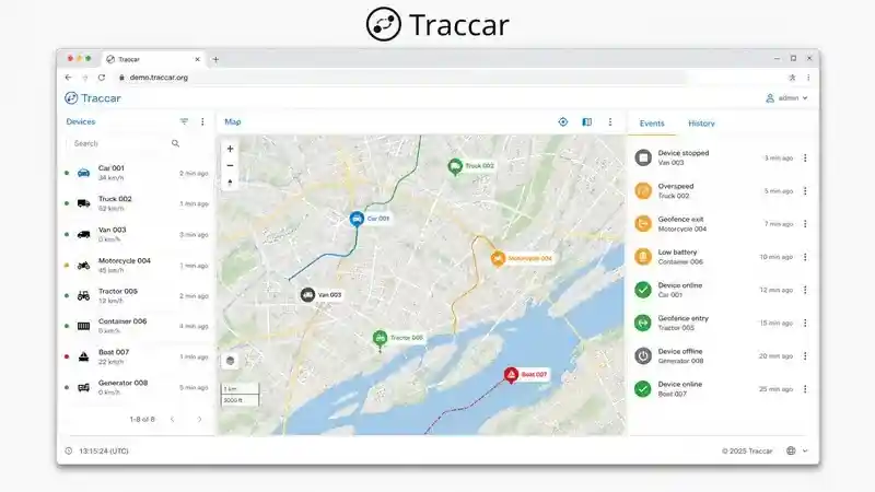 Traccar device list, live map, route history, and events interface