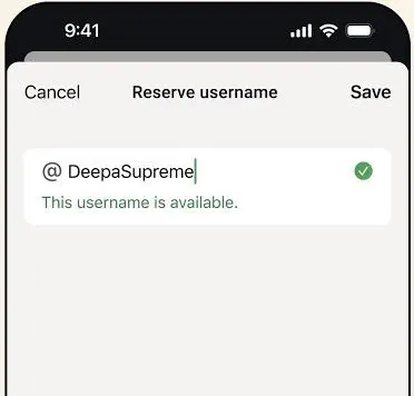 WhatsApp Account settings showing the Username reservation option