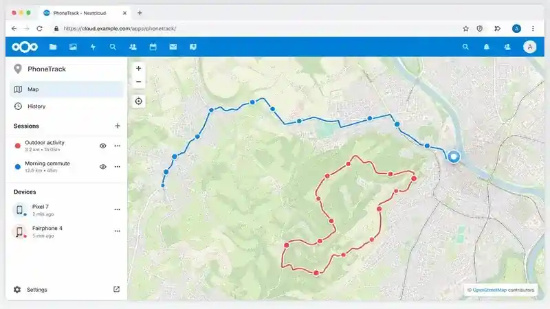Nextcloud PhoneTrack sessions, devices, and GPS route interface