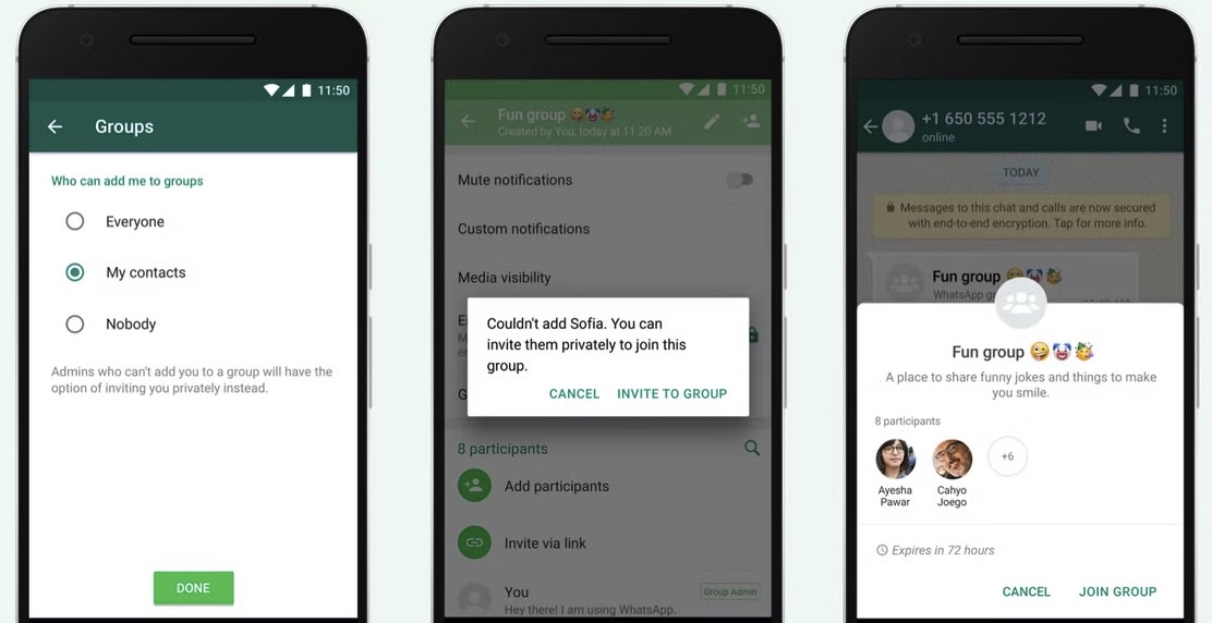 WhatsApp Groups privacy settings with My Contacts options