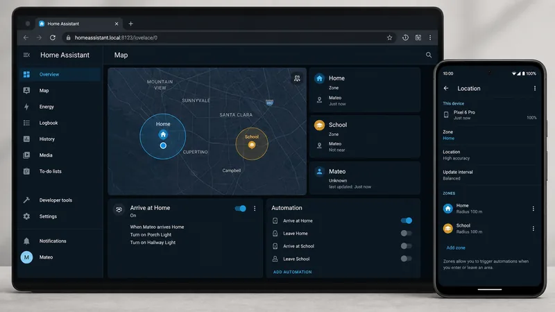 Home Assistant map, location zones, and arrival automation interface