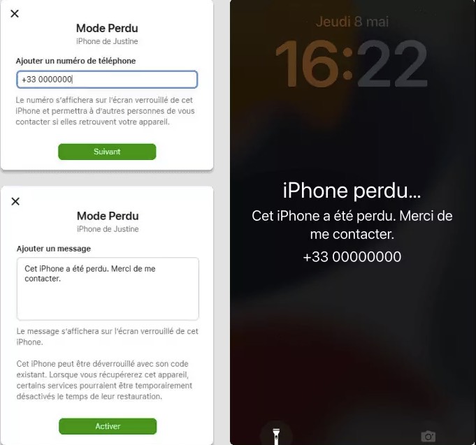 Activation du mode Perdu avec un numéro de contact sur iPhone