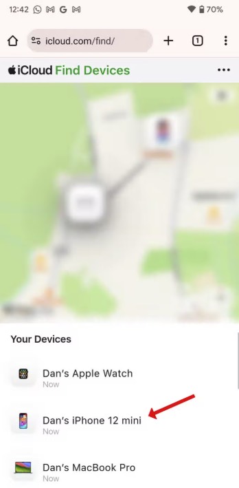 Ouverture du site iCloud Localiser dans un navigateur Android