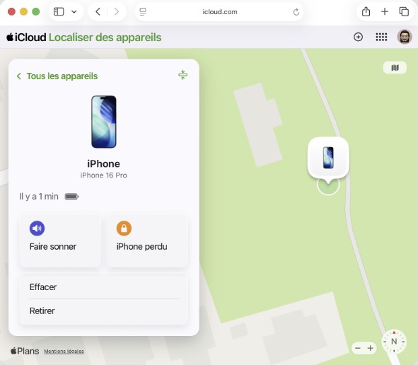 Écran iCloud.com find permettant de localiser un iPhone perdu