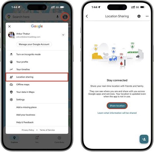 Partage de position Google Maps configuré sur un iPhone