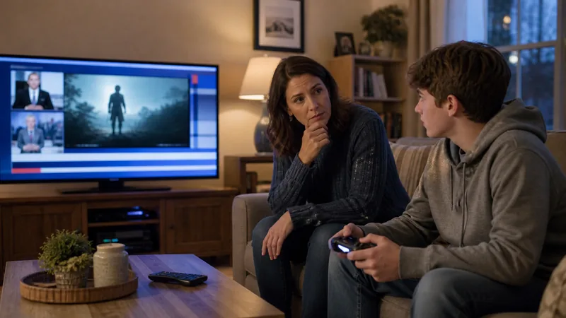 Parent and teenager discussing the difference between fictional games and real-world behavior