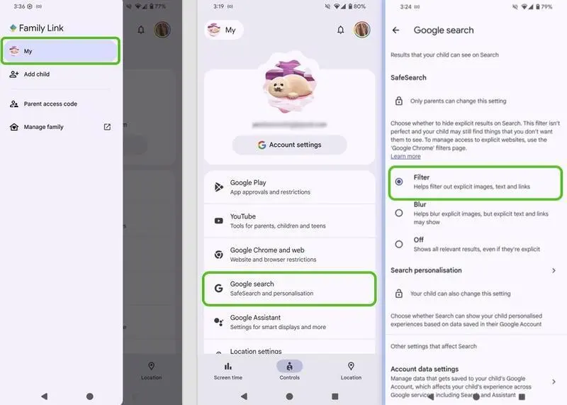 SafeSearch réglé sur Filtrer dans Google Family Link