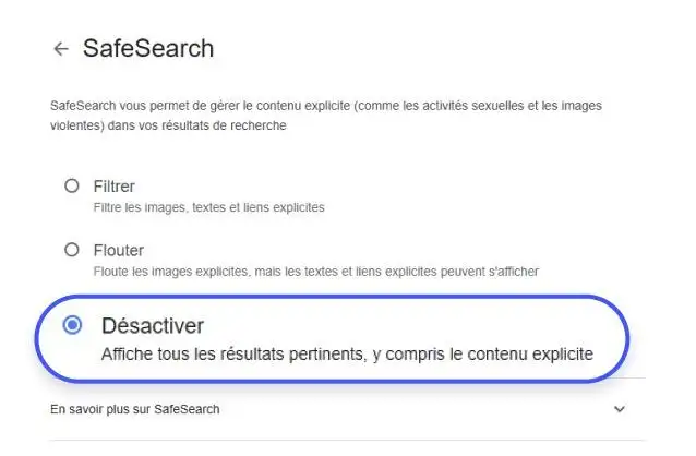Choix Filtrer Flouter ou Désactiver dans SafeSearch Google