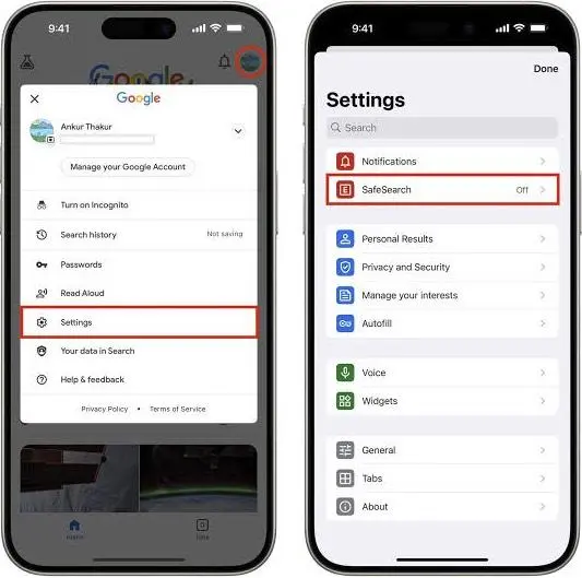 Activation de SafeSearch Google sur iPhone