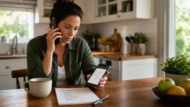 Parent calmly contacting trusted people after a family member's phone becomes unreachable