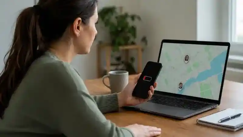 Parent checking a phone's low battery and last known location on a family map