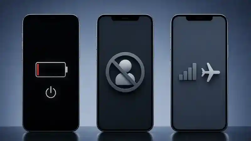 Three phones comparing a dead battery, blocked contact, and airplane mode or weak signal