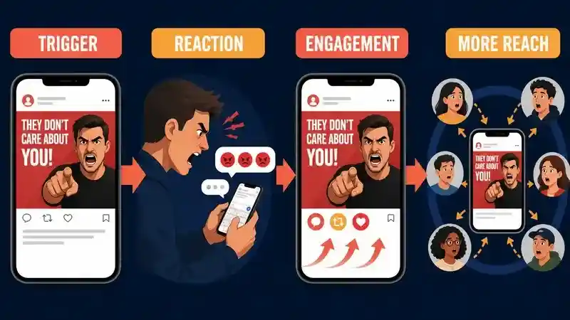 Four-step rage bait loop from trigger to reaction, engagement, and wider reach