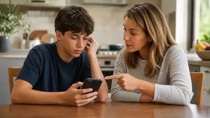 Parent and teenager calmly reviewing a provocative social media post together