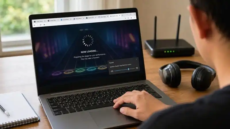 Troubleshooting a browser rhythm game by closing tabs, restoring audio, and checking Wi-Fi