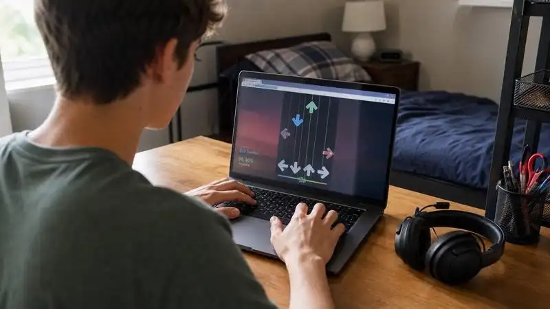 Teenager playing a browser rhythm game on a personal laptop