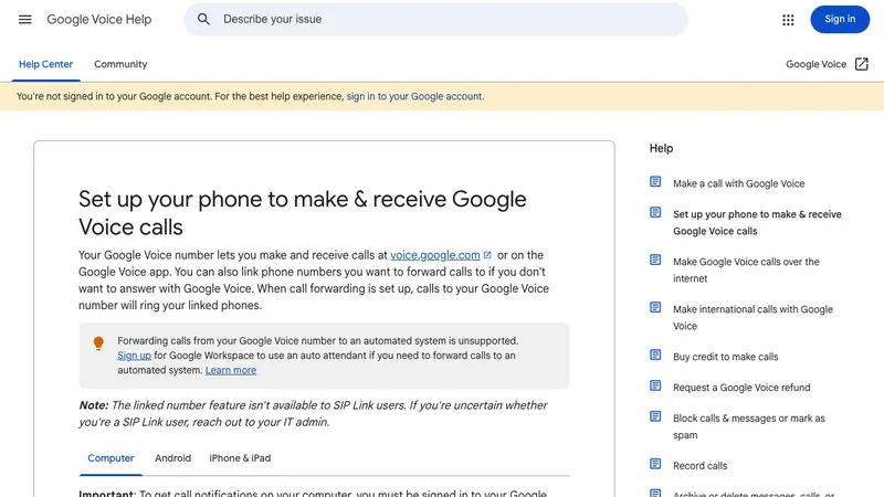 Screenshot of the official Google Voice Help page explaining calls and linked numbers
