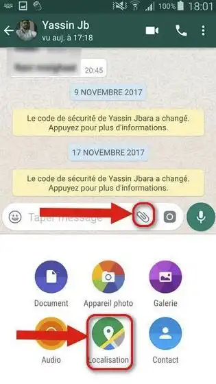 Options de partage de position WhatsApp sur Android