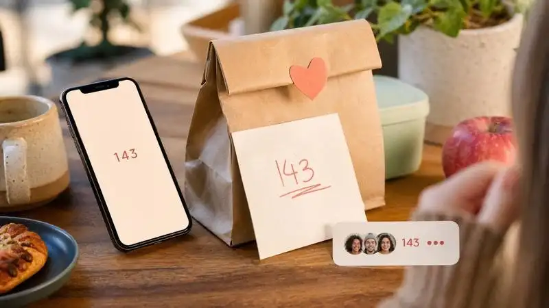 Everyday examples of 143 shared by text, family note, and group chat