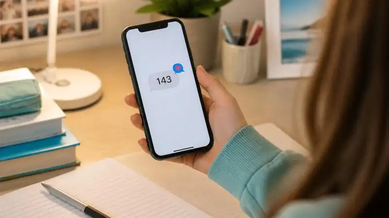 Teen receiving a text message containing 143 on a smartphone