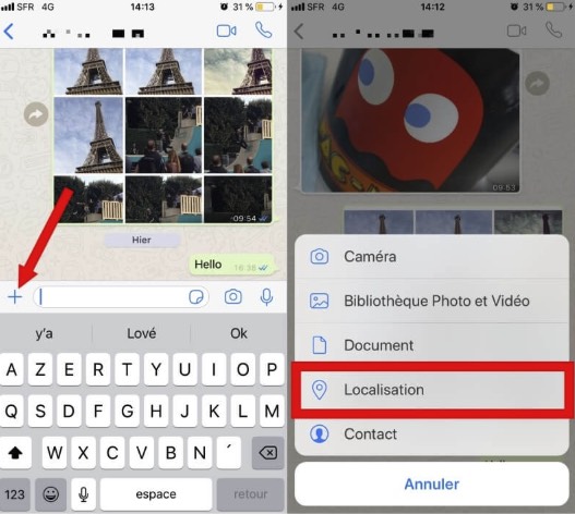 Options de partage de position WhatsApp sur Android et iPhone