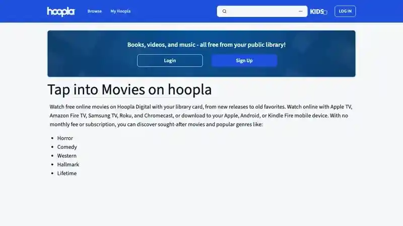 Official Hoopla movie interface for library card streaming