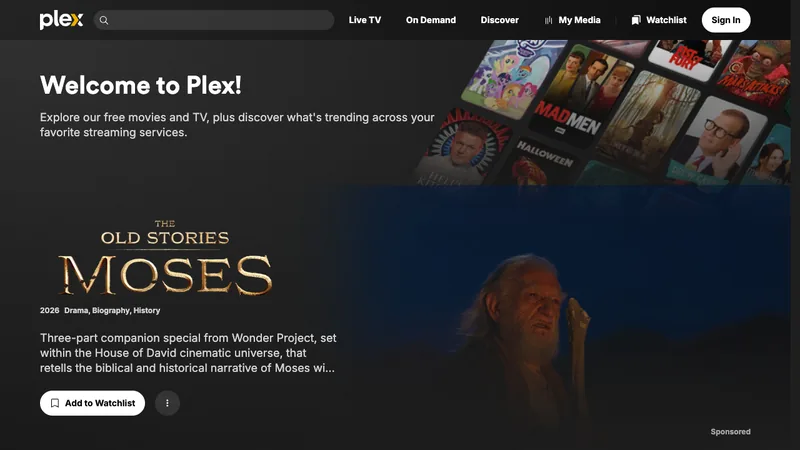Official Plex interface showing free movies, TV shows, and live channels